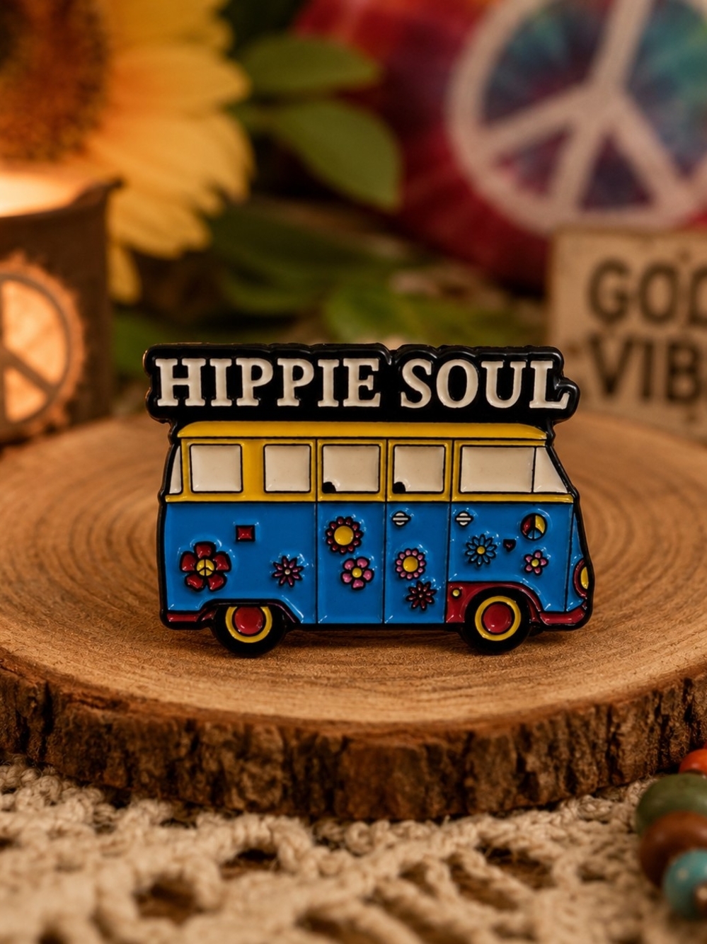 Hippie Soul Blue Floral Van Decor Pin Brooch New